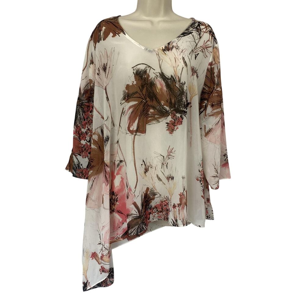 Chicos Travelers Collection Blouse Size 3 Sheer Floral Flowy Artsy Romantic XL